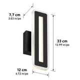Black modern wall sconce light with a rectangular shape and a vertical cutout, shown with dimensions: 33 cm (12.99 in) tall, 12 cm (4.72 in) wide, and 7.7 cm (3.03 in) deep.