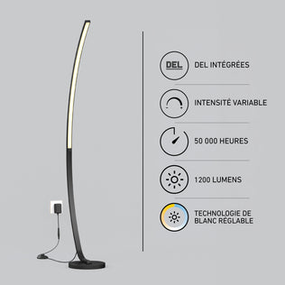 The Artika Arc LED Floor Lamp features a modern arched design, integrated LED with adjustable white light, dimmable brightness up to 1200 lumens, and a long 50,000-hour lifespan.