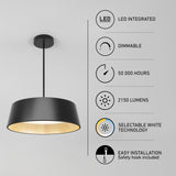 A modern black pendant light with wood-tone interior is shown. To the right, icons and text highlight features: LED integrated, dimmable, 50,000 hours, 2150 lumens, selectable white technology, and easy installation.