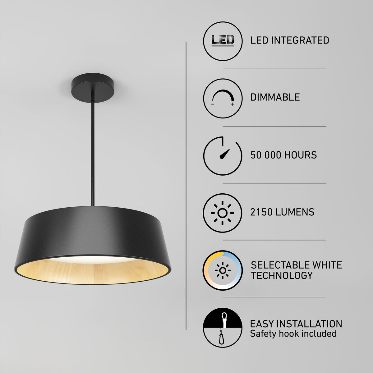 The Artika Alton modern LED pendant light 5 CCT features a black finish with light wood interior, integrated dimmable LED, 2150 lumens, selectable white technology, 50,000-hour life, and easy installation with safety hook.