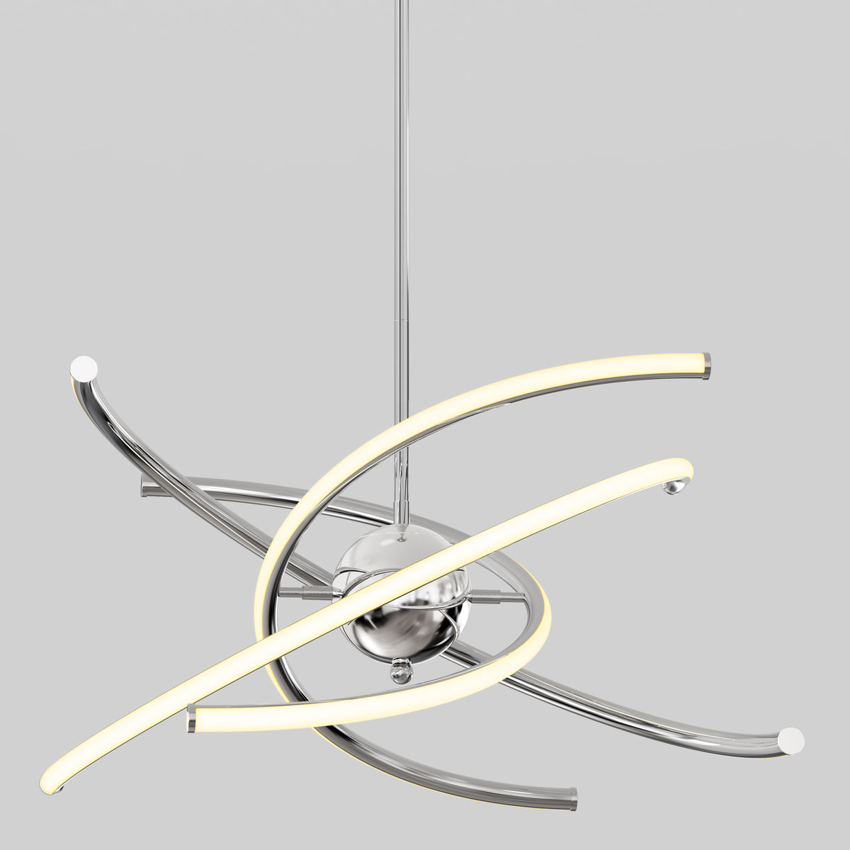 A modern ceiling light fixture with a metallic central sphere and curved chrome arms; two arms contain built-in LED lights, forming an abstract, orbit-like design against a plain gray background.
