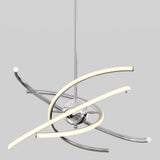 A modern ceiling light fixture with a metallic central sphere and curved chrome arms; two arms contain built-in LED lights, forming an abstract, orbit-like design against a plain gray background.