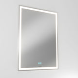 A rectangular wall-mounted mirror with a built-in LED light border and two touch control buttons at the bottom center, set against a plain white background.