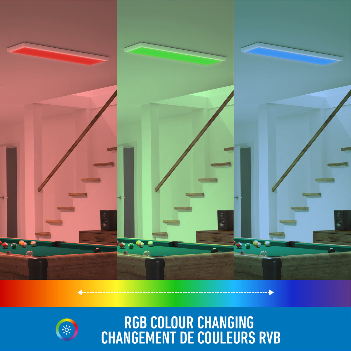 A pool table in a room is shown under three different ceiling lights: red, green, and blue. Text below reads RGB Colour Changing / Changement de Couleurs RVB with a rainbow gradient background.