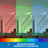 A pool table in a room is shown under three different ceiling lights: red, green, and blue. Text below reads RGB Colour Changing / Changement de Couleurs RVB with a rainbow gradient background.