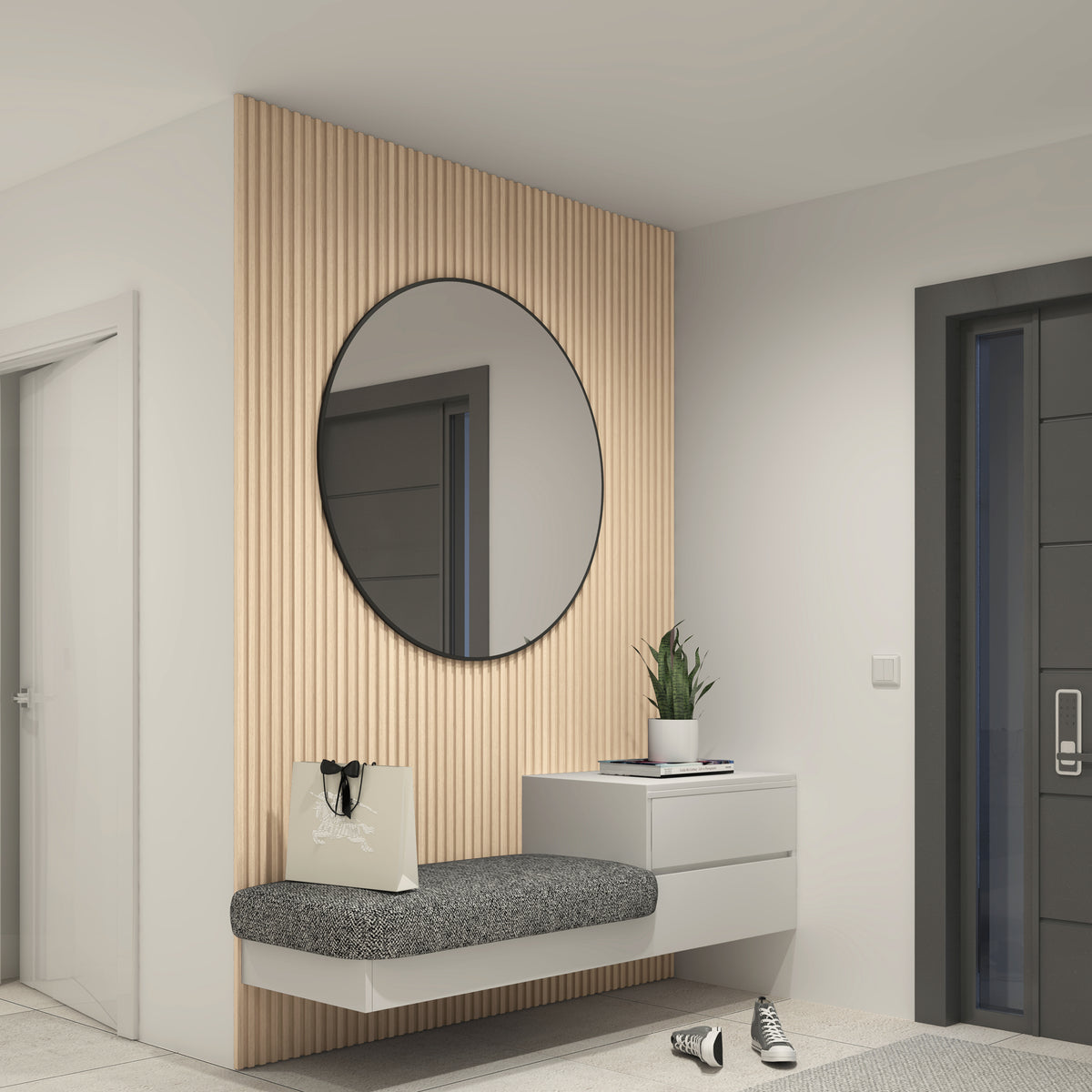 A modern entryway features the Artika Panolok 30.67 ft wall panel kit (pack of 8) with an oak finish slatwall, a round mirror, floating gray cushioned bench, white drawer, potted plant, beige tote bag, and black-and-white sneakers.