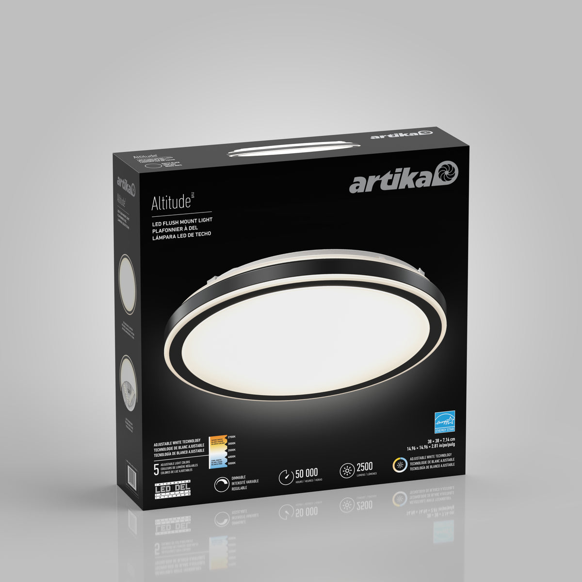 A box of Artika Altitude LED flush mount light is displayed against a gray background. The packaging shows a round ceiling light and highlights features like energy efficiency, 50,000-hour lifespan, and 2500 lumens brightness.