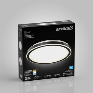 Box of Artika Altitude 15 in. LED modern flush mount light 5 CCT, featuring a round white and black ceiling fixture. Packaging highlights product features, energy efficiency, and a 5-year warranty.