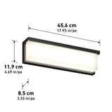 Rectangular wall light with a black frame and frosted cover, measuring 45.6 cm (17.95 in) wide, 11.9 cm (4.69 in) tall, and 8.5 cm (3.35 in) deep, shown with dimensions labeled in centimeters and inches.