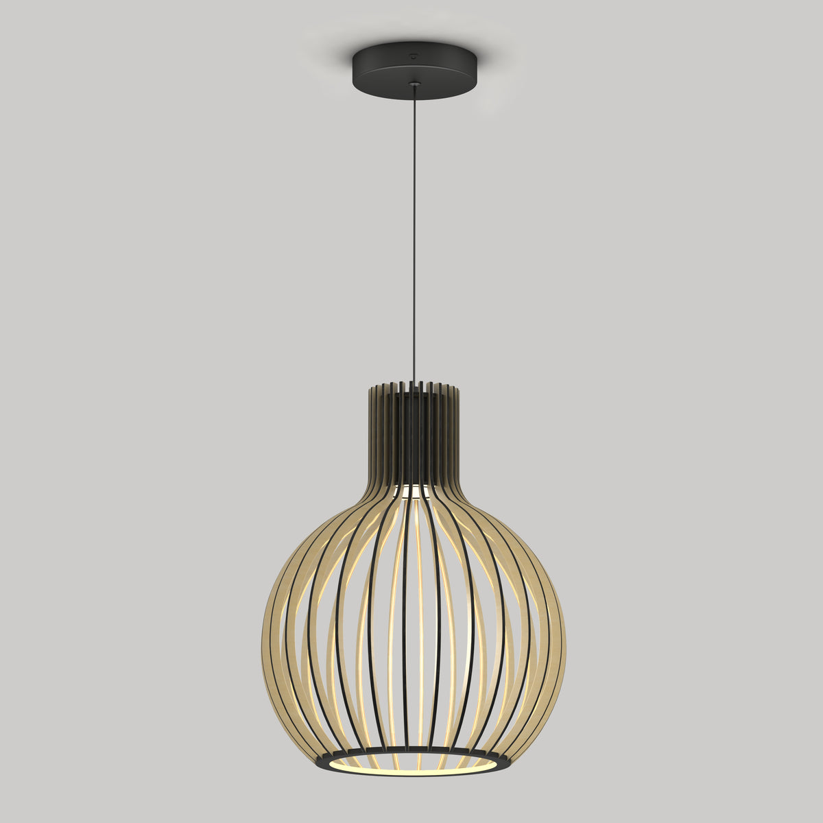 A modern pendant light with a black ceiling mount and a round, cage-like shade made of vertical wooden slats, hanging against a plain light gray background.
