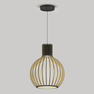 The Artika Tomi LED Pendant Light 3 CCT features a spherical open wooden slat design, suspended by a black cord and ceiling mount. Warm light glows softly through the slats, set against a plain light gray background.
