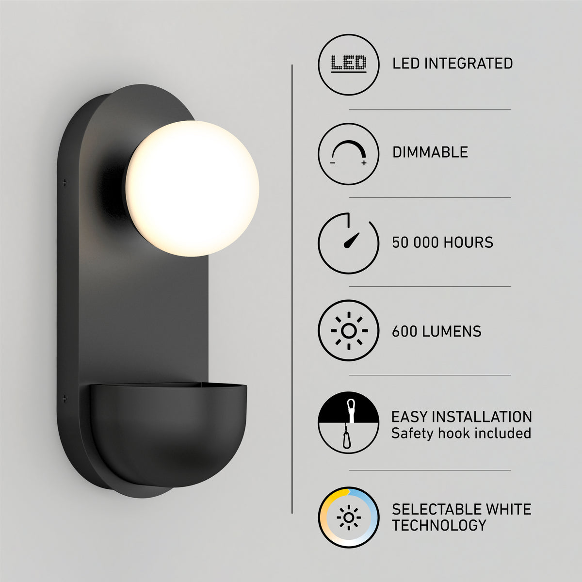 A modern black wall sconce with a glowing round bulb is shown next to icons and text stating: LED integrated, dimmable, 50,000 hours, 600 lumens, easy installation, and selectable white technology.