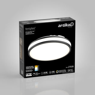 Artika Hemisphere 15″ LED Flush Mount Ceiling Light 5 CCT box with image and adjustable brightness features on packaging.