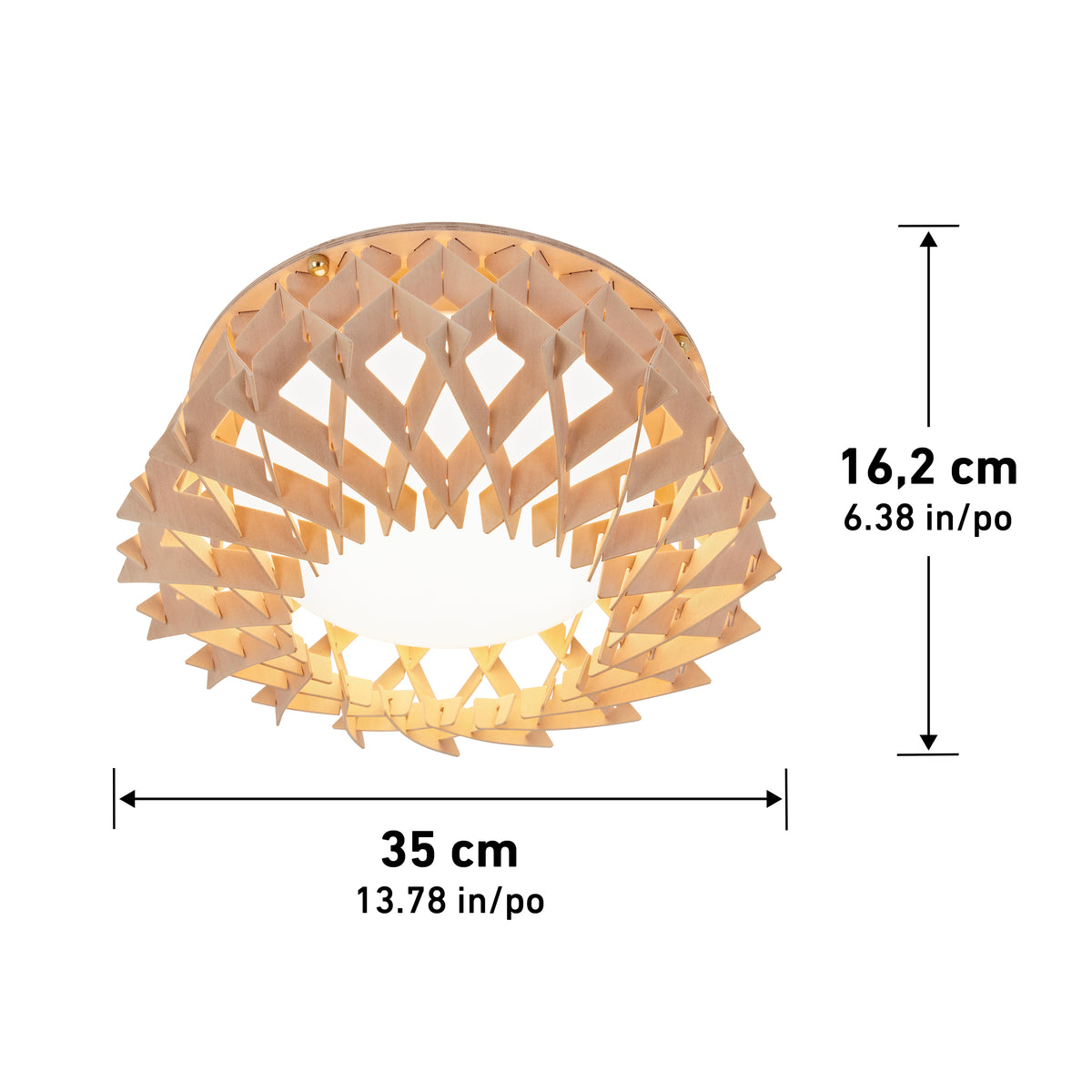 A decorative ceiling light fixture with a wooden lattice design, measuring 35 cm (13.78 in) wide and 16.2 cm (6.38 in) high. The fixture emits a warm light and has dimension arrows for reference.