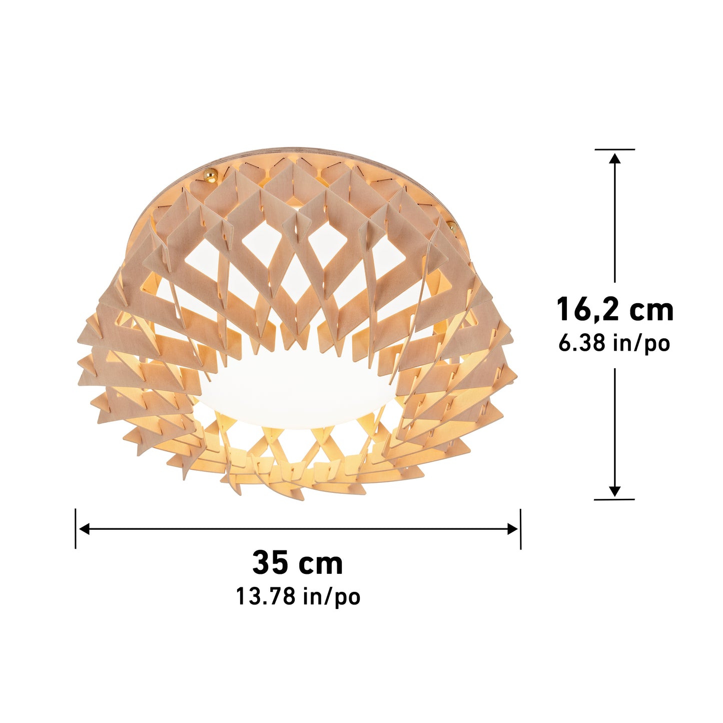 The Artika Kiran 13 in. modern LED flush mount light features a woven wooden, round open-weave design, measures 16.2 cm high by 35 cm wide, and emits a warm glow with adjustable color temperatures (5 CCT).