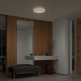 Modern entryway with wood paneling, mirror, console, bench, and Artika Hemisphere 15″ LED light with 5 CCT above decorative items.
