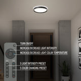 A modern hallway with a round ceiling light. Text highlights the lights features: on/off, adjustable intensity and color temperature, five intensity presets, five color presets. A remote control is shown on the left.