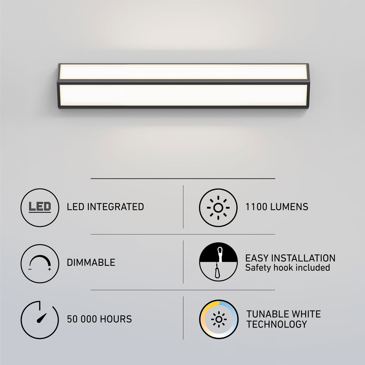 Rectangular wall light fixture with icons and text highlighting features: LED integrated, dimmable, 50,000 hours lifespan, 1100 lumens, easy installation, and tunable white technology.