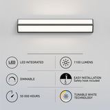 Rectangular wall light fixture with icons and text highlighting features: LED integrated, dimmable, 50,000 hours lifespan, 1100 lumens, easy installation, and tunable white technology.