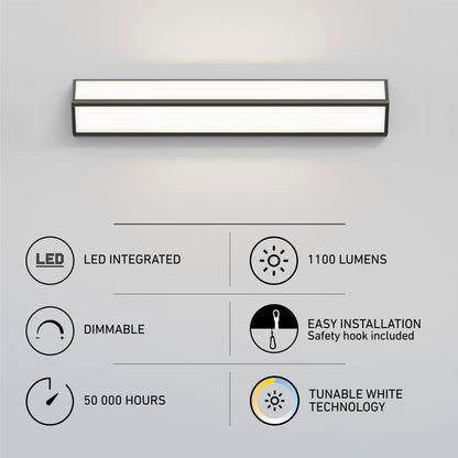 The Artika Preston LED modern bathroom vanity light 3 CCT is a rectangular wall-mounted fixture with integrated LED, 1100 lumens, dimmable, tunable white technology, 50,000-hour lifespan, and easy installation.