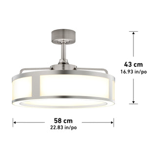 Artika Huxley 23 in. LED modern ceiling fan with brushed metal finish, quiet motor, illuminated sides; 43 cm tall, 58 cm wide.