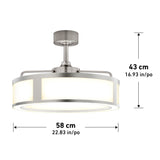 Ceiling light fixture with a round, brushed metal frame and frosted panels, shown with dimensions: 43 cm (16.93 in) high and 58 cm (22.83 in) wide.