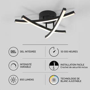Artika Orly 18 in. Modern LED Flush Mount Ceiling Light with three curved arms and icons for long life, dimmability, and selectable color temperature.