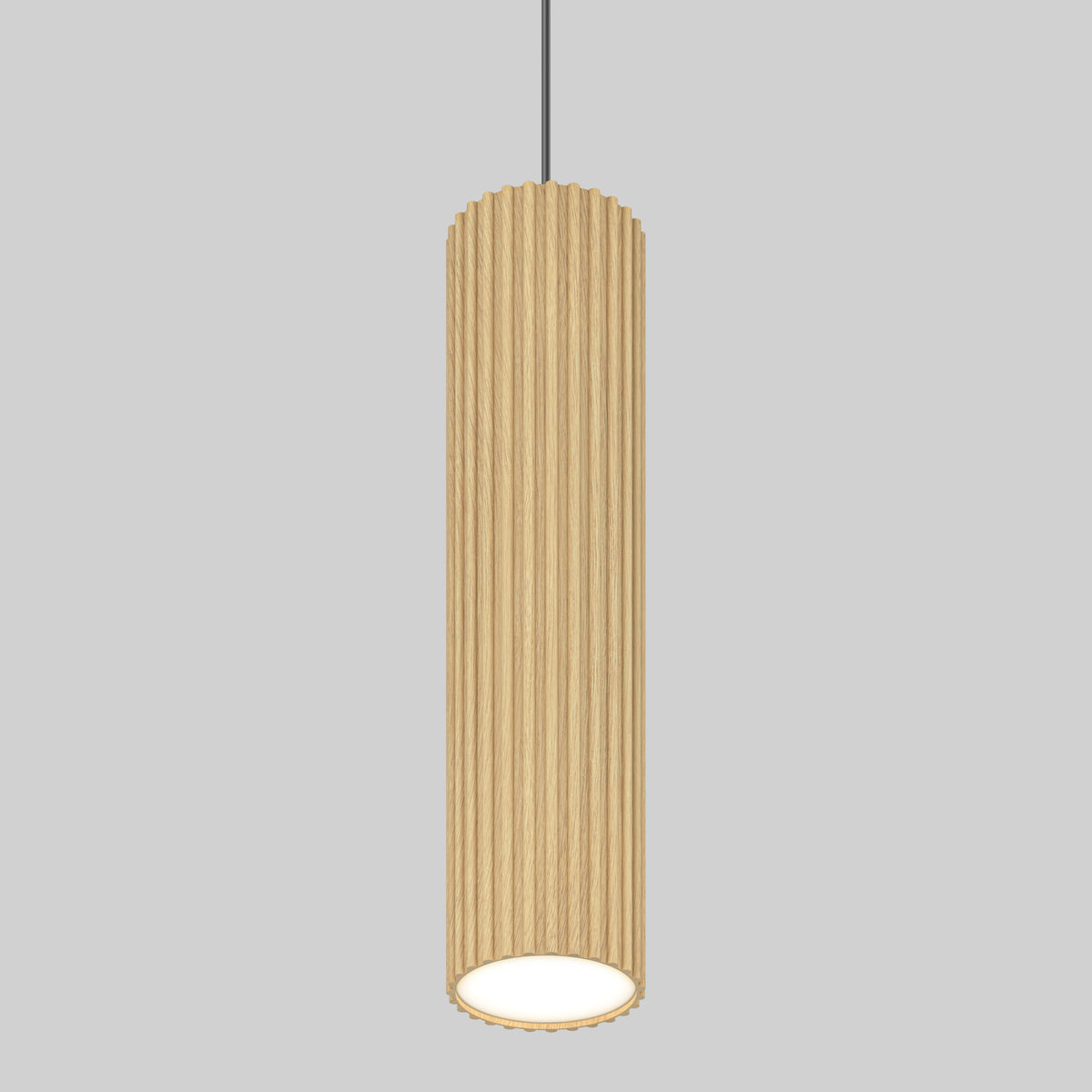 The Artika Groove LED modern pendant light 3 CCT features a cylindrical, vertically ridged wood-finish shade hanging from a black cord. Its bottom opening reveals a white interior, making it ideal kitchen island lighting against any backdrop.