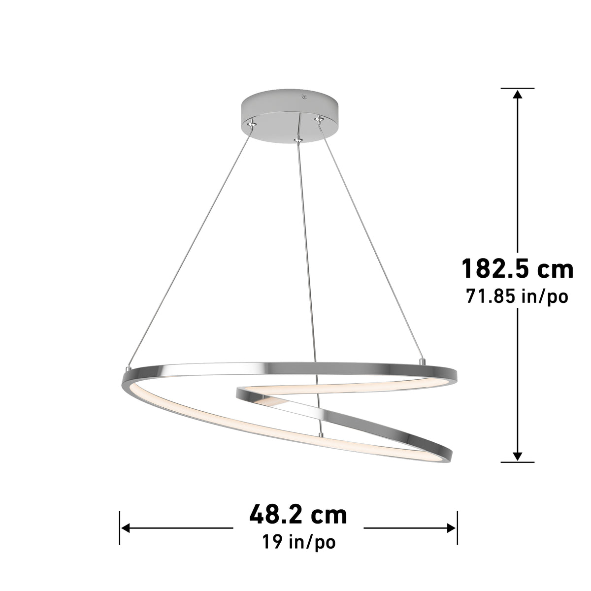 Modern spiral LED pendant light fixture, suspended from the ceiling with three wires. Diameter is 48.2 cm (19 in), and maximum hanging length is 182.5 cm (71.85 in).