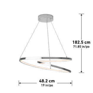 The Artika Salto LED pendant light features a modern spiral design with a chrome finish, suspended by three wires. Ideal for contemporary interiors, it measures 182.5 cm high and 48.2 cm wide.