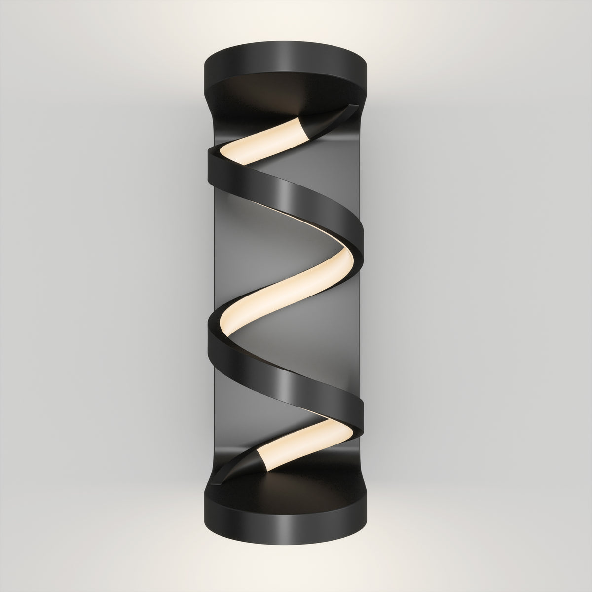 A modern wall sconce with a cylindrical black base and a spiraling LED light wrapping around it, creating a sleek, contemporary design against a plain white background.