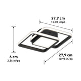 Square-shaped black and white LED ceiling light with two overlapping frames. Dimensions: 27.9 cm (10.98 in) wide and long, 6 cm (2.36 in) high. Measurement arrows are shown for reference.