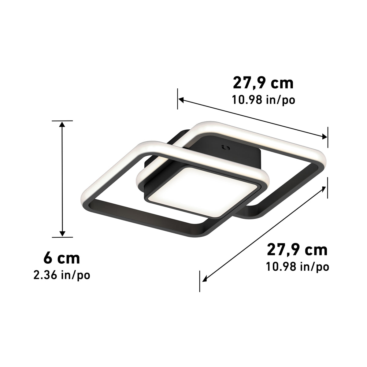 The Artika Romeson 11 in. LED modern flush mount light features two overlapping square frames and measures 27.9 cm (10.98 in) wide/long and 6 cm (2.36 in) high, with dimensions indicated by arrows.
