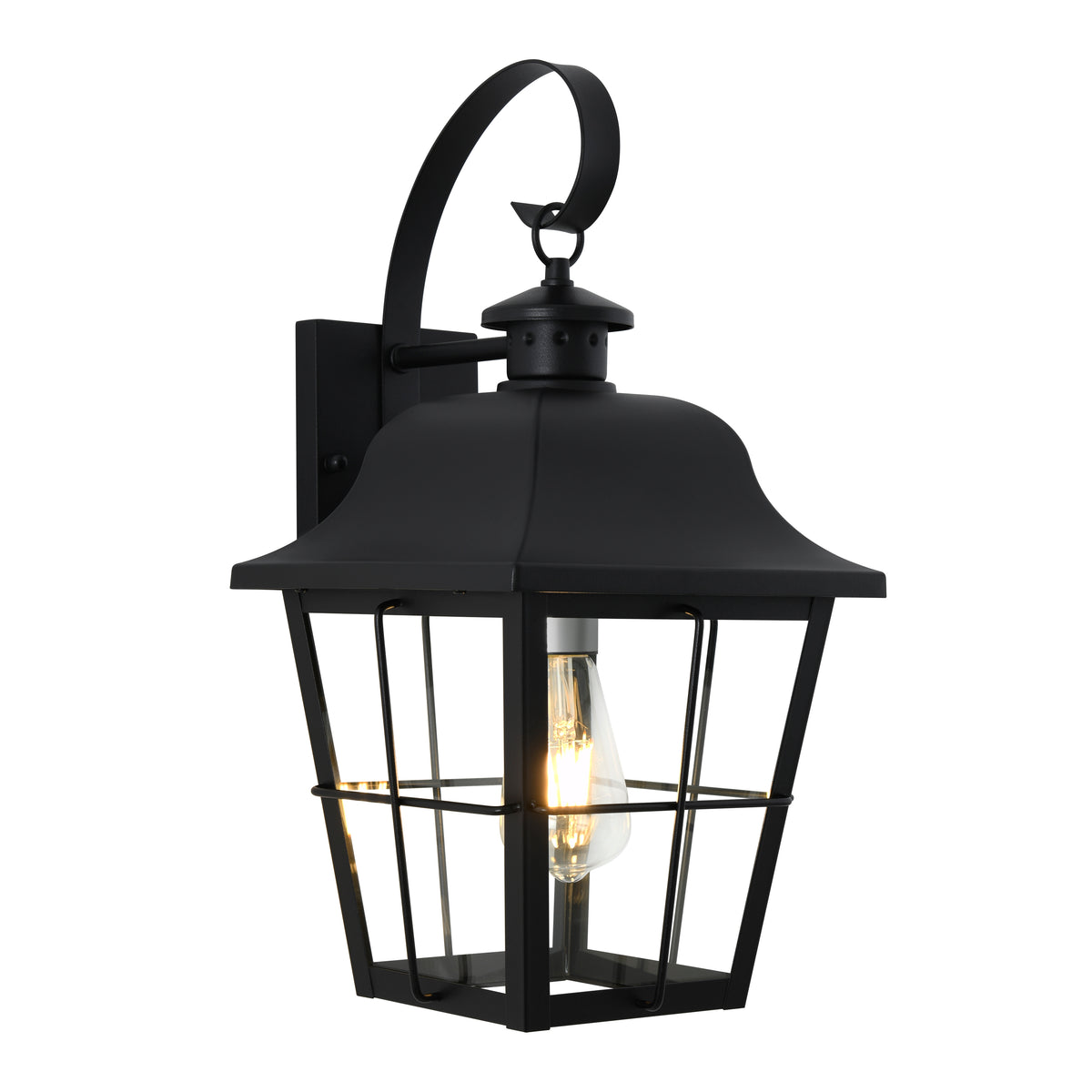 Black metal outdoor wall lantern with a curved top, clear glass panels, and a single exposed light bulb inside. The lantern is mounted to a wall bracket and features a decorative loop at the top.