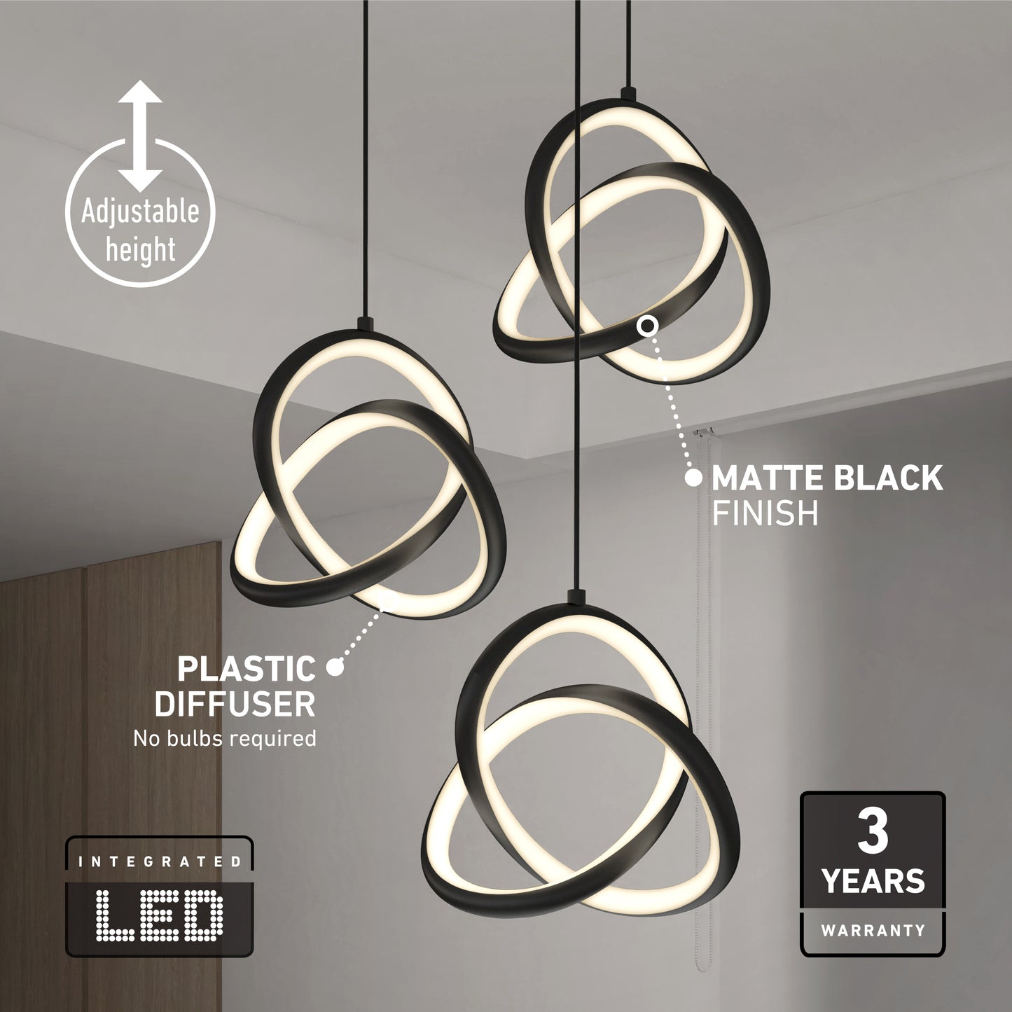 The Artika Zephyr 3-light LED pendant features three modern intertwined rings with adjustable height, a plastic diffuser, matte black finish, integrated LED lighting, and includes a 3-year warranty.