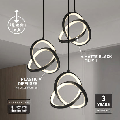 The Artika Zephyr 3-light LED pendant features three modern intertwined rings with adjustable height, a plastic diffuser, matte black finish, integrated LED lighting, and includes a 3-year warranty.