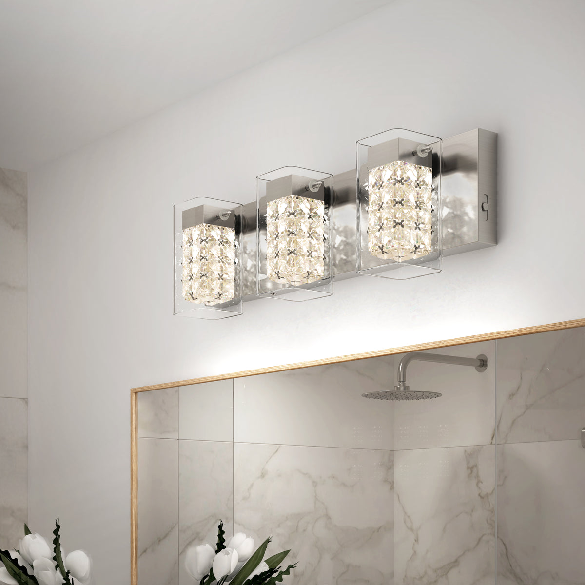 Crystal Cube 21 pulg (53 cm) luminario de vanidad de 3 luces LED moderno 5 TCL para baño