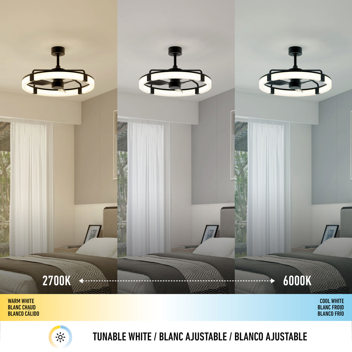 A modern ceiling light is shown above a bed displaying three lighting tones: warm white (2700K), neutral, and cool white (6000K). A gradient bar below labels the color temperatures and tunable white feature in three languages.
