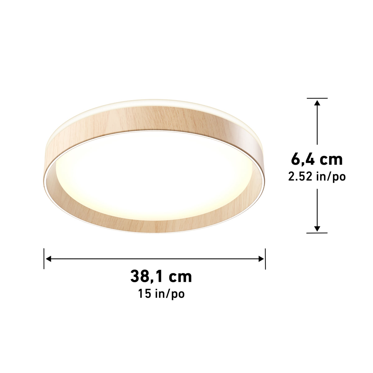 The Artika Callisto 15 in. LED flush mount light features a wooden finish and measures 38.1 cm in diameter by 6.4 cm in height. The light is illuminated in the image and offers five selectable color temperatures.
