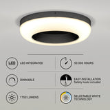 Round, modern ceiling light fixture with black rim and glowing white ring, shown above icons highlighting features: LED integrated, 50,000 hours lifespan, dimmable, easy installation, 1750 lumens, selectable white technology.