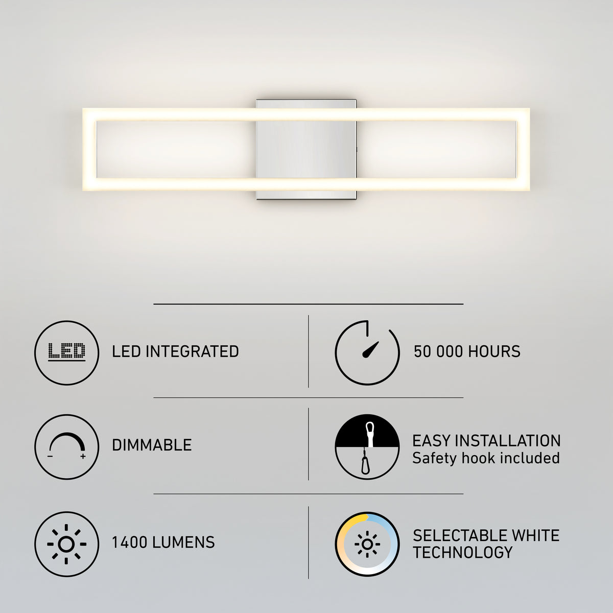 The Artika Dover modern LED bathroom vanity light 5 CCT is shown mounted on a white wall, with icons and text below highlighting its LED integration, dimmable feature, 1400 lumens, 50,000-hour lifespan, easy installation, and selectable white technology.