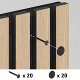 Illustration showing a screw being inserted into a wooden panel with black vertical strips, plus icons indicating 20 screws and 20 round black caps are included.