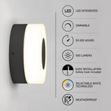 A round, wall-mounted LED light with a black base is shown on the left. On the right, icons and text highlight features: LED, dimmable, 50,000 hours, 500 lumens, easy installation, selectable white, and waterproof.