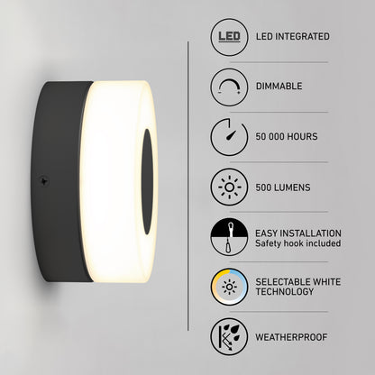 The Artika Ludwig modern LED indoor-outdoor wall light 5CCT with a black base is shown illuminated. Feature icons note: integrated LED, dimmable, 50,000-hour life, 500 lumens, easy installation, selectable white color, and weatherproof.