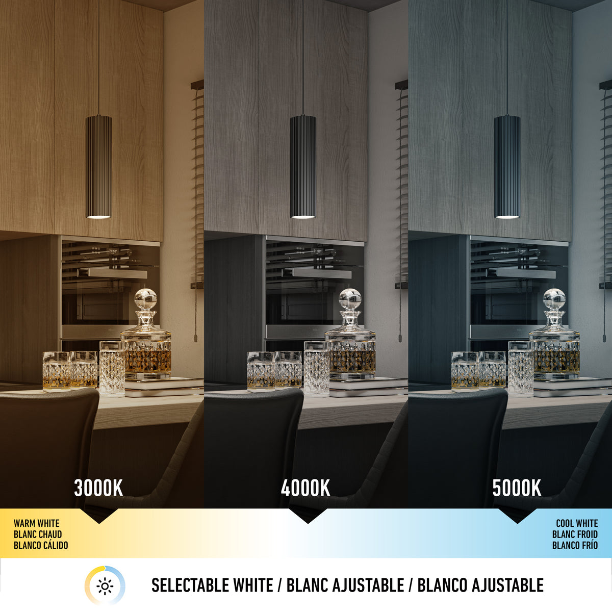 A kitchen is lit by the Artika Groove LED modern pendant light (3 CCT), shown at 3000K (warm white), 4000K (neutral white), and 5000K (cool white); glass decanters and glasses sit on the countertop.