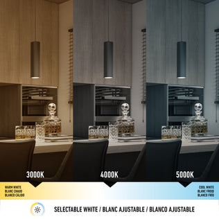 A kitchen is lit by the Artika Groove LED modern pendant light (3 CCT), shown at 3000K (warm white), 4000K (neutral white), and 5000K (cool white); glass decanters and glasses sit on the countertop.