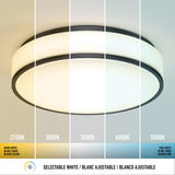 A ceiling light split into five sections, each showing a different white color temperature: 2700K (warm white), 3000K, 3500K, 4000K, and 5000K (cool white). Text labels indicate each color temperature.