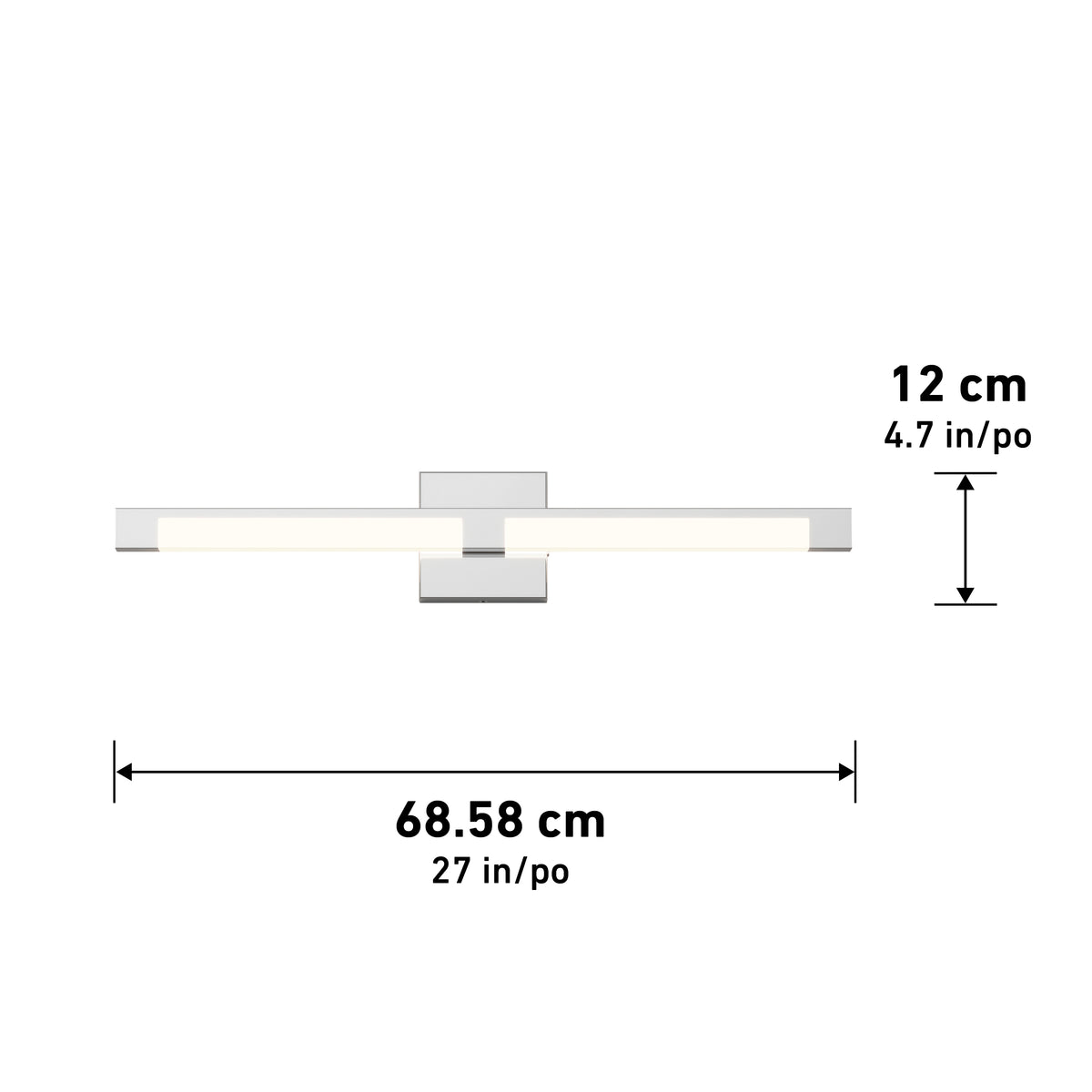 The Artika Tivoli modern LED bathroom vanity light 5 CCT is a sleek horizontal wall sconce with a central square mount and adjustable lighting. It measures 68.58 cm (27 in) wide by 12 cm (4.7 in) high, as shown by the labels and arrows.