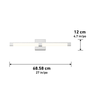 The Artika Tivoli modern LED bathroom vanity light 5 CCT is a sleek horizontal wall sconce with a central square mount and adjustable lighting. It measures 68.58 cm (27 in) wide by 12 cm (4.7 in) high, as shown by the labels and arrows.