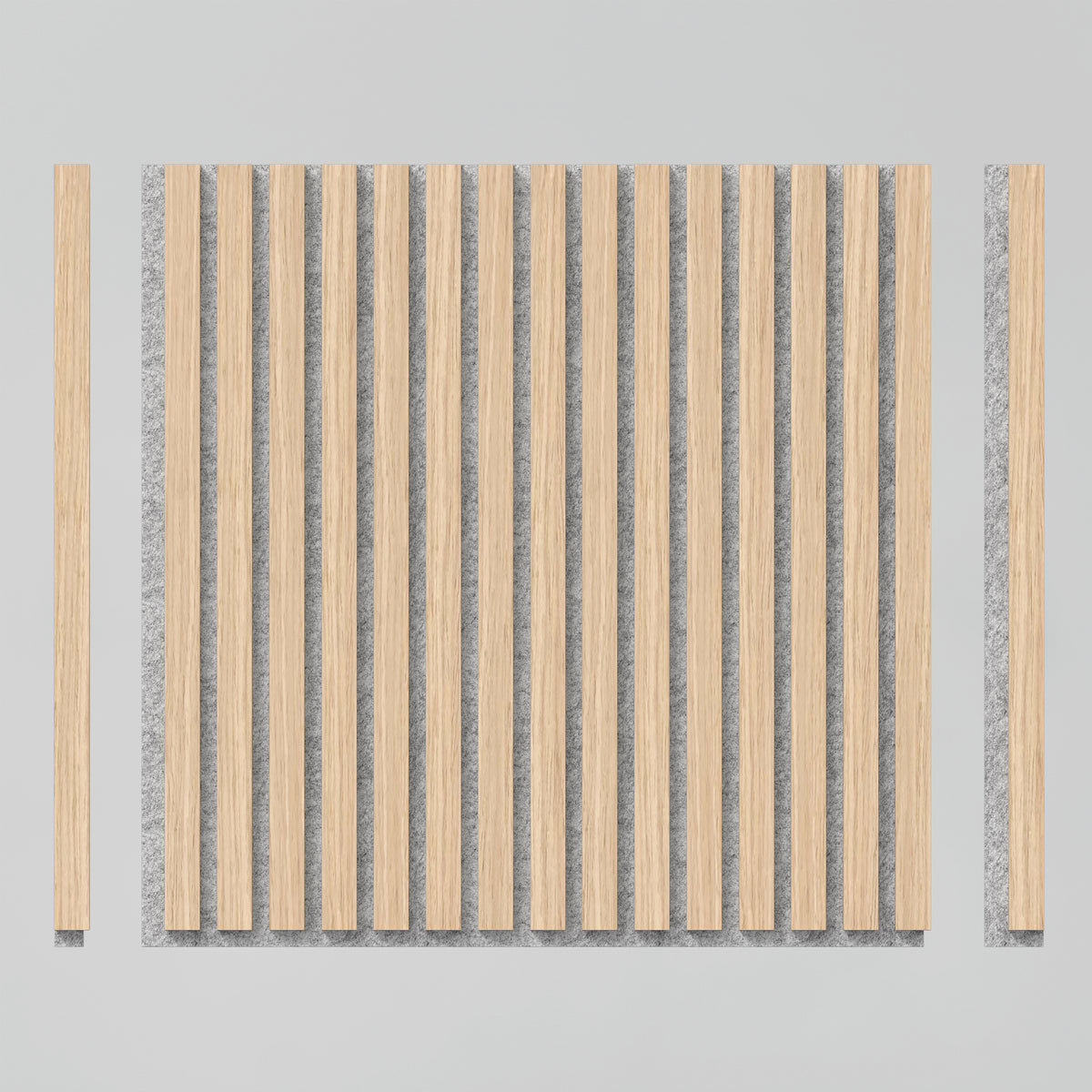 A square panel with vertical light wood slats evenly spaced over a gray background, with two separate wood slats positioned on the left and right sides of the panel.